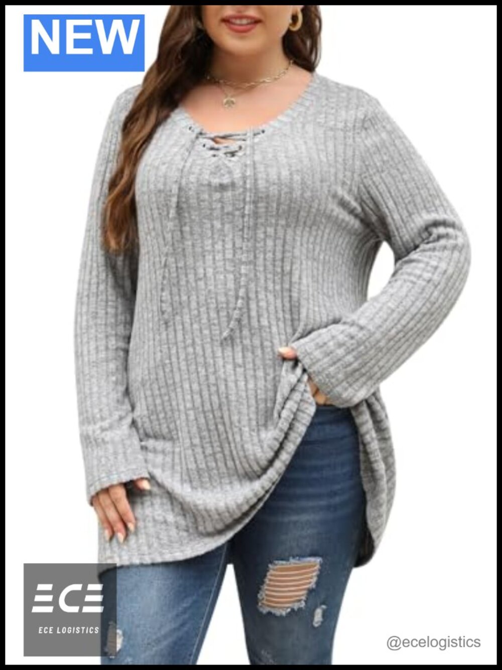 Women's Plus Size Ribbed Knit V-Neck Long Sleeve Tunic Top Pullover